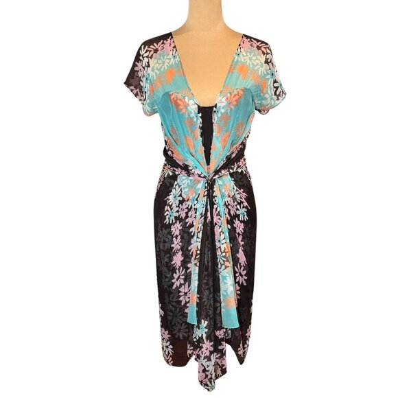 Diane von Furstenberg Floral Silk Dress Sz.6 Blue Brown Sort Sleeve Fairy Party - Picture 1 of 14